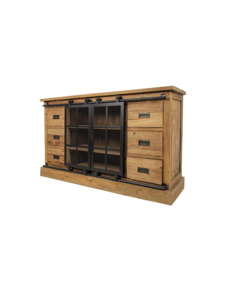 Buffet industriel en teck recyclé et portes coulissantes en métal Blackburn