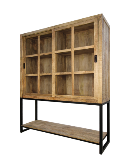 Meuble vitrine à portes coulissantes en manguier