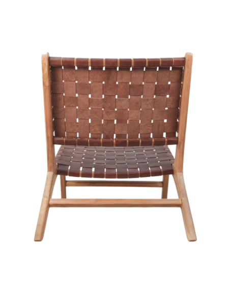 Fauteuil lounge en cuir cognac et teck massif