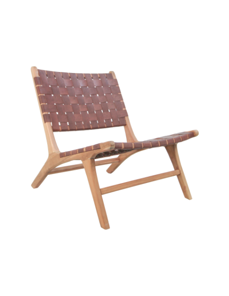 Fauteuil lounge en cuir cognac et teck massif