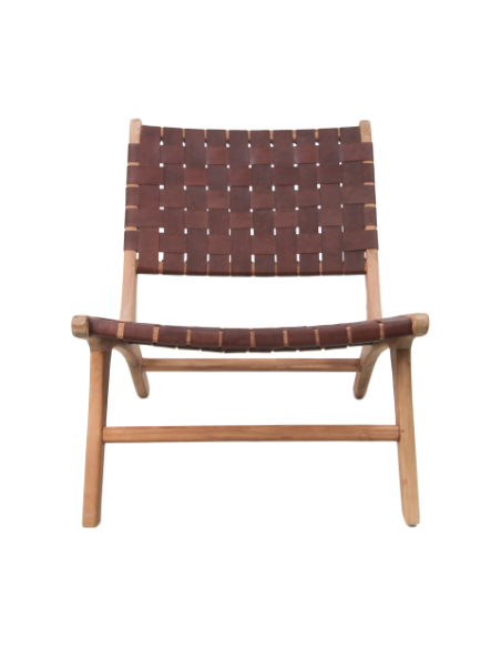 Fauteuil lounge en cuir cognac et teck massif