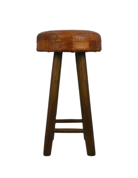 Tabouret de bar rond en cuir vintage
