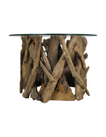 Table basse ronde en racine de teck et verre