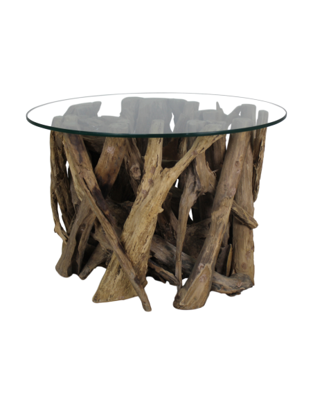 Table basse ronde en racine de teck et verre