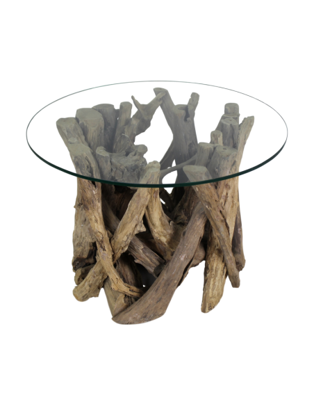 Table basse ronde en racine de teck et verre