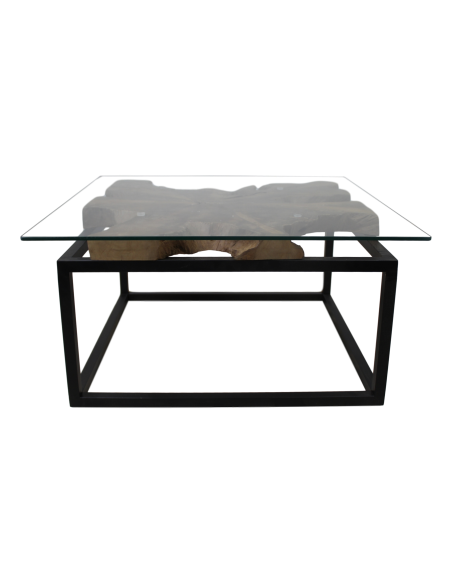 Table basse fer, teck et verre carrée industrielle