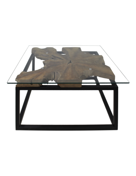 Table basse fer, teck et verre carrée industrielle