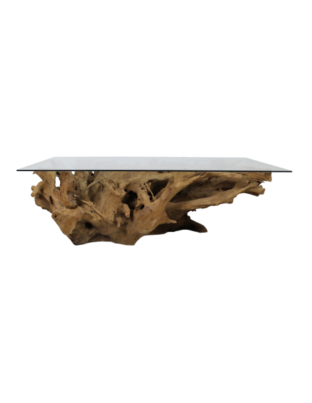 Table basse en verre et racine de teck