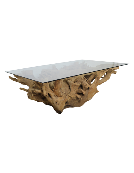 Table basse en verre et racine de teck