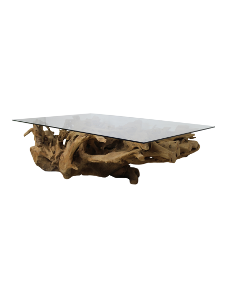 Table basse en verre et racine de teck