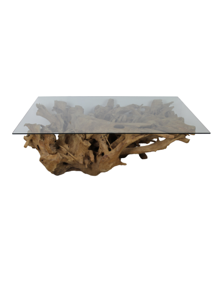 Table basse en verre et racine de teck